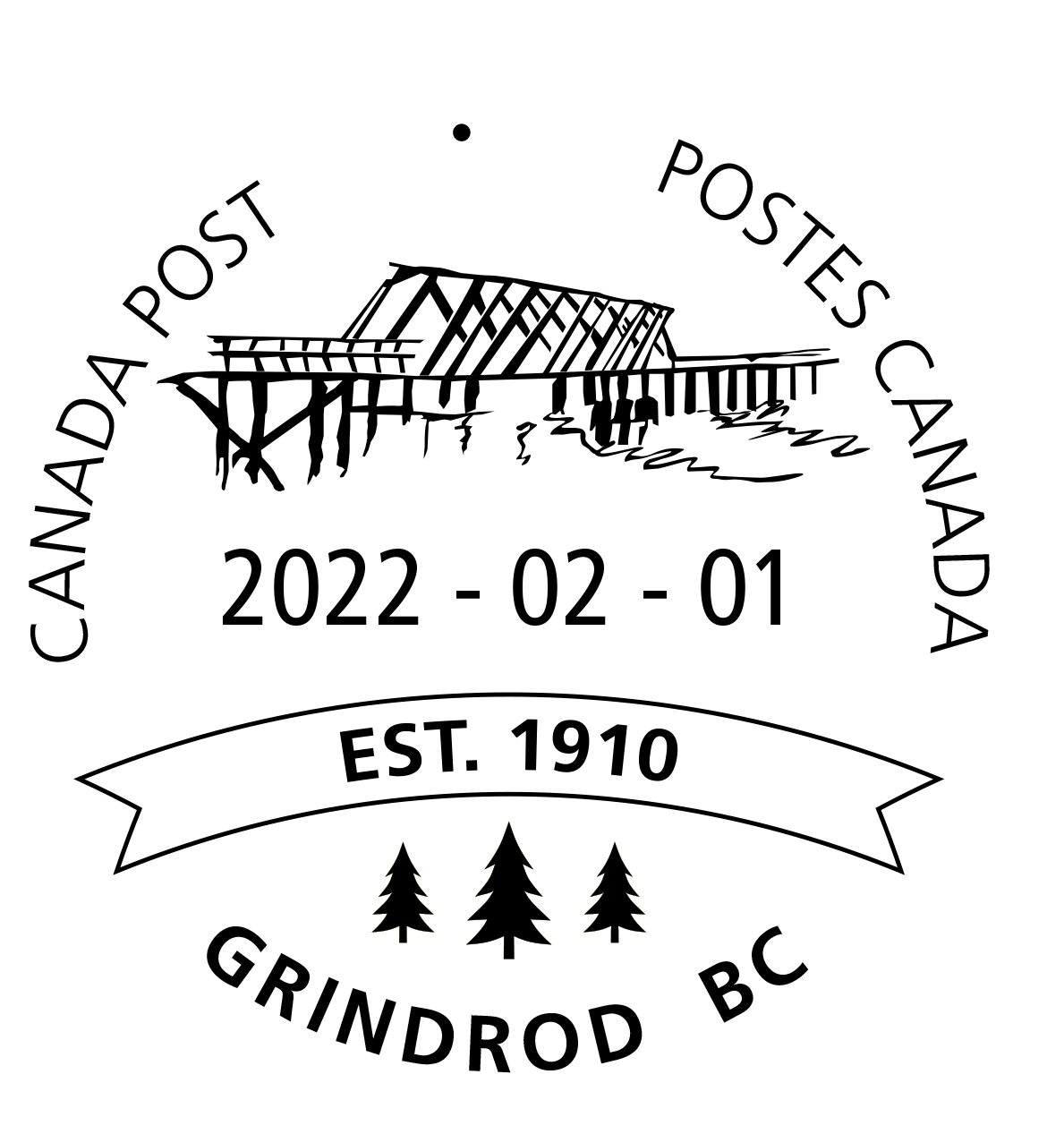 Bridge over water with 3 trees, Est. 1910 banner, dated February 1, 2022.